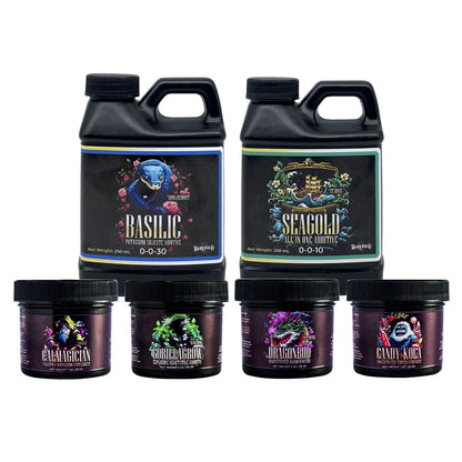 Kit Completo De Aditivos | HarvestCo - DragonBud, GorillaGrow, Candy-Kola, SeaGold, Basilic Y CaliMagician Optimiza Todo El Desarrollo De Tus Cultivos