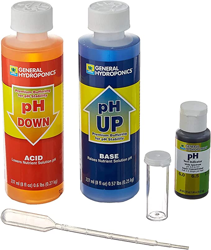 General Hydroponics Kit Control de PH, con reguladores y medidor de reactivo.
